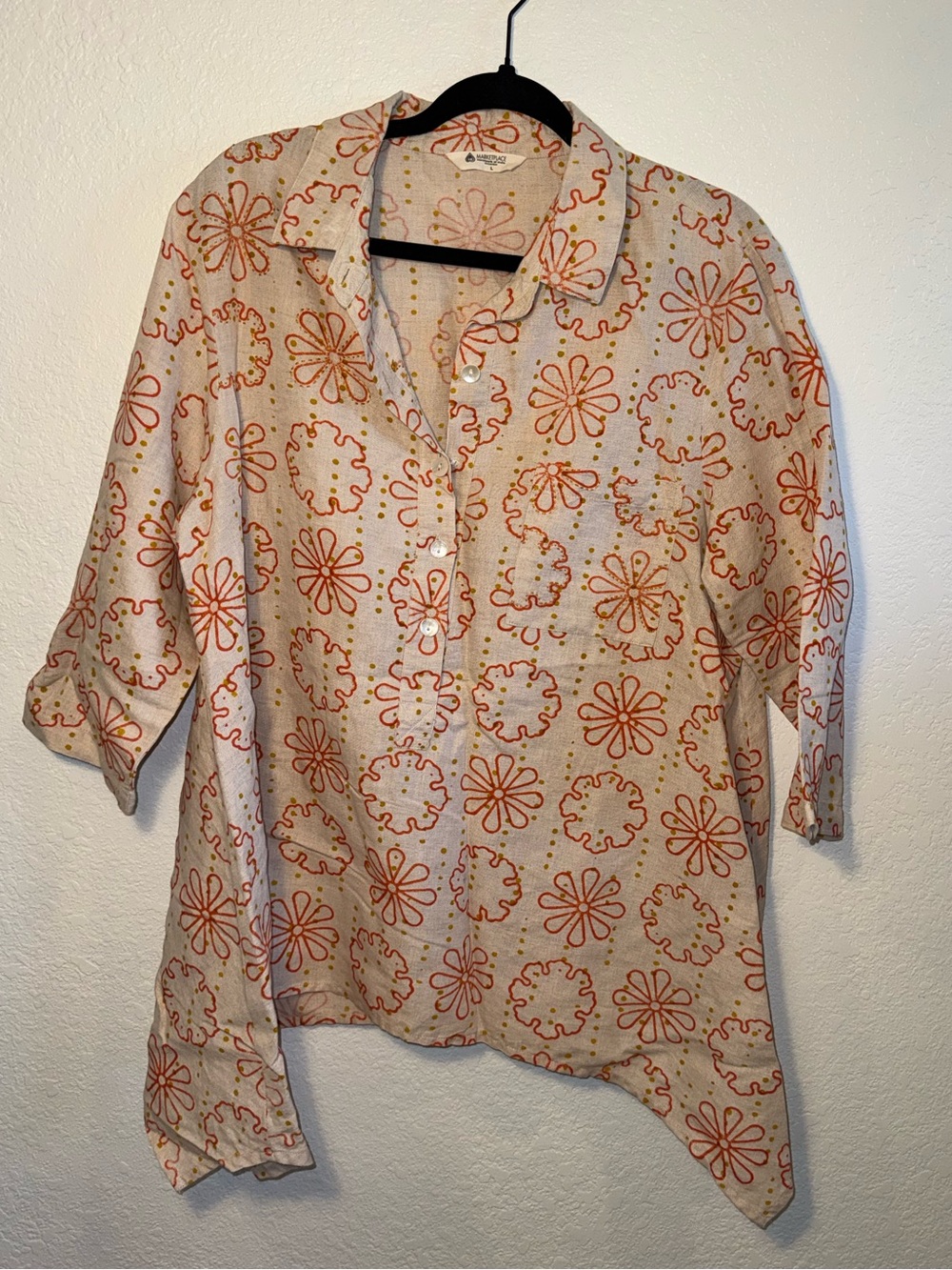 Marketplace Linen & Cotton Asymmetrical Tan Floral Print Boho Button Down Top L